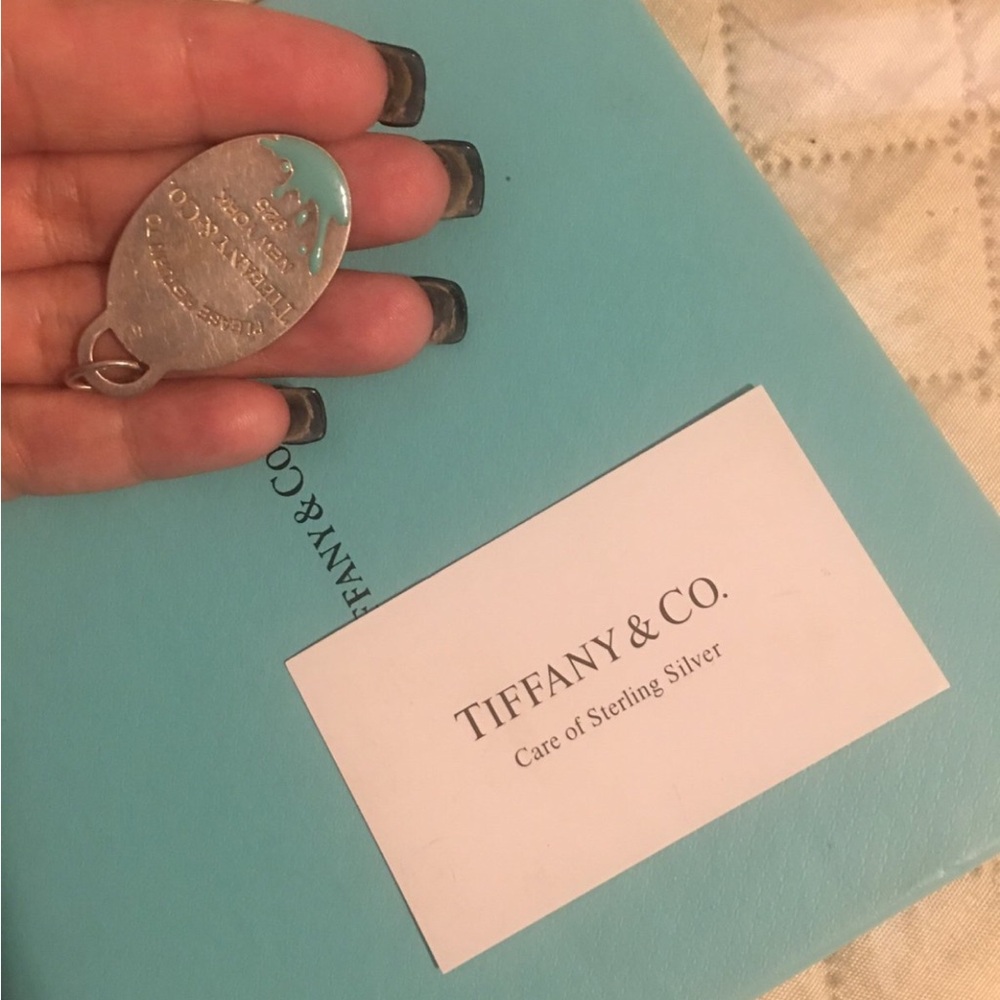 Tiffany & co. Sterling blue enamel splash large pendant with chain w box only .